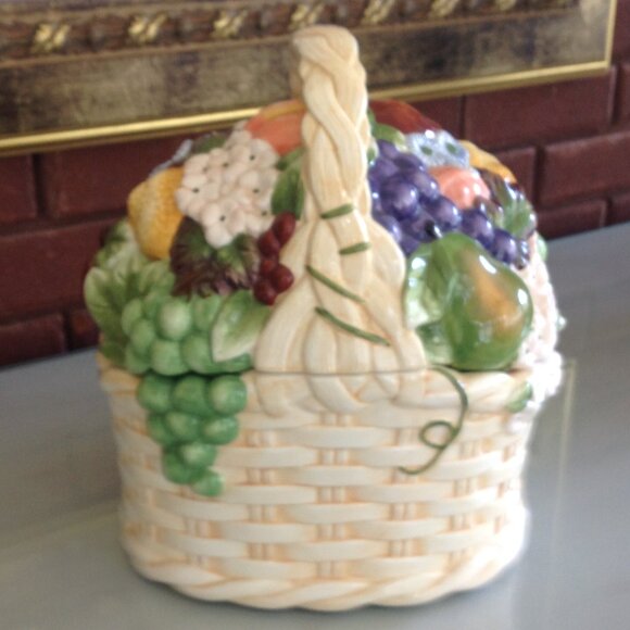 Vintage Ceramic Cookie Jar with  Basket  Weave design & Fruit & Flowers. - Picture 1 of 5